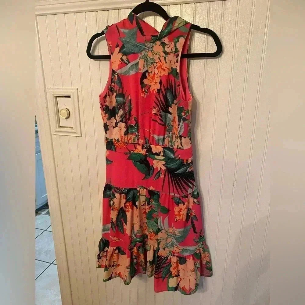Eliza J Flounce Hem floral high neck mini dress